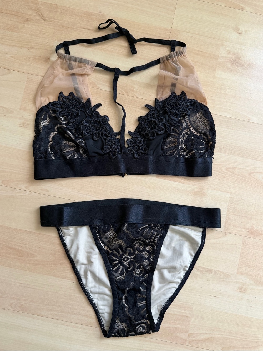 Sheer Black Lace Bralette and Bikini Set - Black